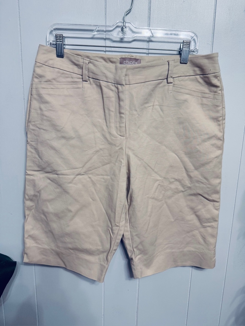 #5)  Chico's Light Beige Comfy Cotton & Spandex  Knee-Length Tailored Shorts